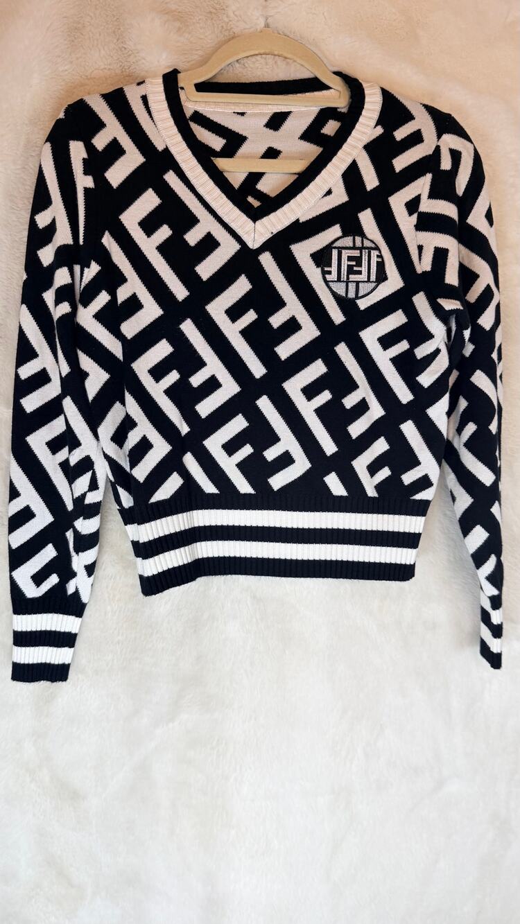 Black & White Designer-Inspired Monogram V-Neck Sweater